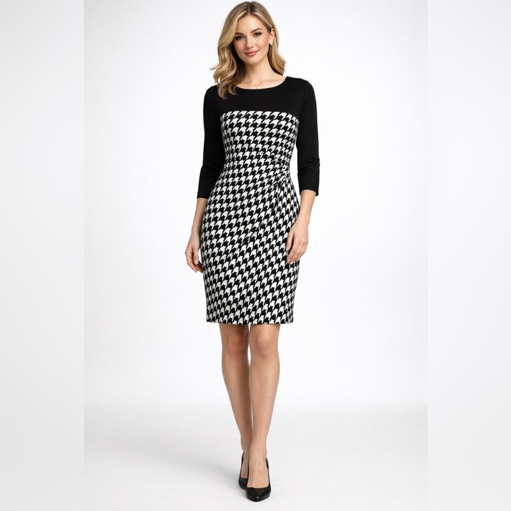 Tahari Levine Dress Black White 8P 8 P Houndstooth Stretch Sheath Career Church